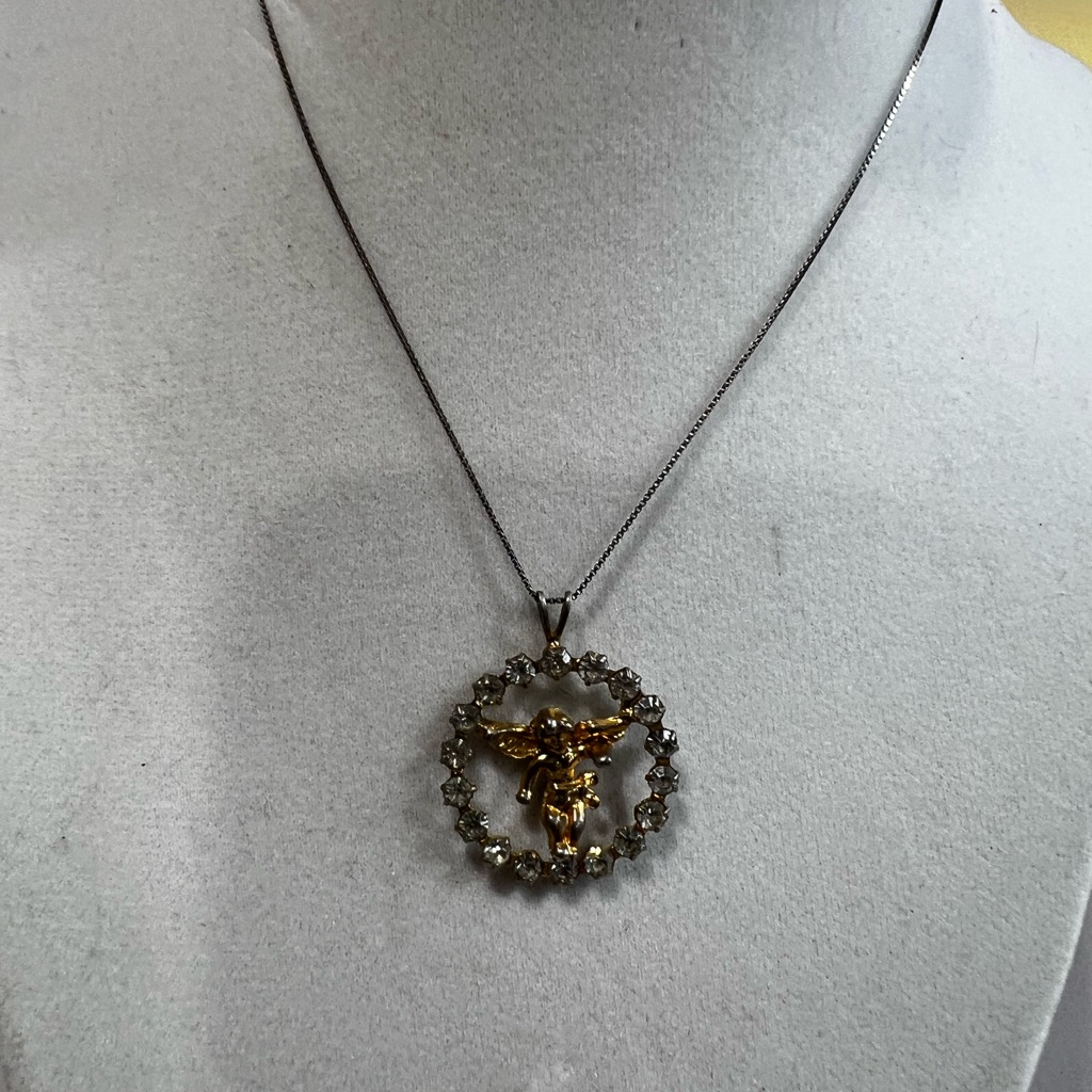 Vintage Gold Angel Pendant Necklace With Clear Stone Halo